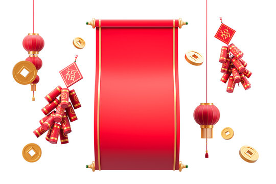 Red scroll with gold trim in the center, surrounded by Chinese New Year decorations, firecrackers, lanterns, and gold coins on a white background. Concept of celebration. 3D Rendering.