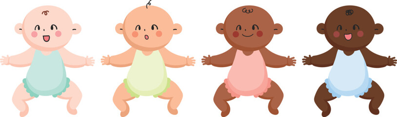 Cartoon baby vector illustration.Babies of different races and skin tones. Babysitting. Baby care. Nursing. Infant care.