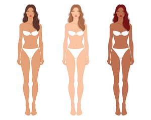 Eight-head fashion figure template. The female fashion croquis. Vector illustration of a young woman wearing lingerie, isolated on a white background. 