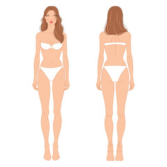 Eight-head fashion figure template. The female croquis front and back views. Vector illustration of a young woman wearing lingerie, isolated on a white background. 