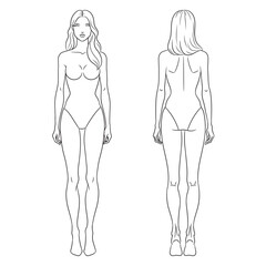 Eight-head fashion figure template. The female croquis front and back views. Vector line illustration of a young woman wearing lingerie, isolated on a white background. 