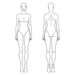 Eight-head fashion figure template. The female croquis front and back views. Vector line illustration of a young woman wearing lingerie, isolated on a white background. 