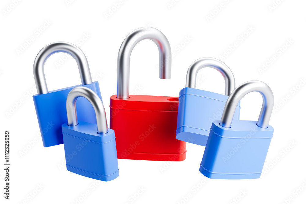 Poster multiple blue and red padlocks with metallic loops on an isolated white background. clean, shiny des