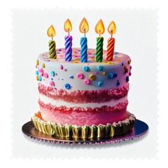 Brightly decorated birthday cake with colorful candles on top
