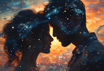Embracing in the stars: a couple's intimate moment against a cosmic backdrop