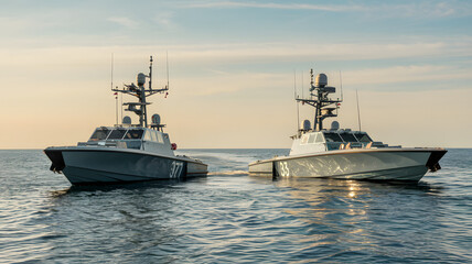 Naval patrol boats cruising through the open sea, maintaining security and vigilance in international waters, symbolizing maritime defense and global cooperation.