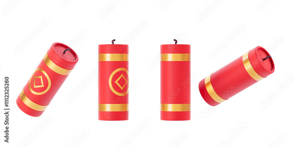 Poster red cylindrical objects adorned with gold patterns and symbols, isolated on a white background, repr