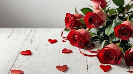 Bouquet of red roses and hearts on white background. Valentine's day, banner format. Place for text.