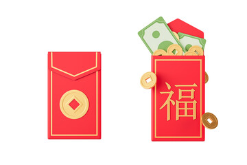 Red envelopes with traditional golden designs, one closed and one open with coins and currency, isolated on a white background. Prosperity concept. 3D Rendering.