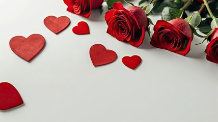Bouquet of red roses and hearts on white background. Valentine's day, banner format. Place for text.
