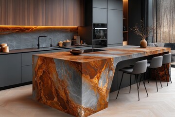 A kitchen with a marble countertop and a black oven