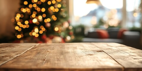 Rustic wooden table with a soft golden glow and blurred holiday lights in a cozy Christmas interior