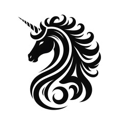 Fototapeta premium Stylized black unicorn head with flowing mane.