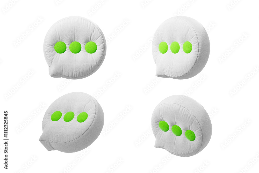 Poster four soft-textured white speech bubble-shaped objects with bright green dots. isolated on a clean wh