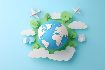 Naklejka premium 3D world globe with trees and clouds, suitcase travel concept on a light blue background, Generative AI