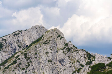 Donnerkogel Mountain in Alps, Gosau, Gmunden district, Upper Austria federal state, cloudy summer day