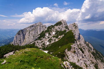 Donnerkogel Mountain in Alps, Gosau, Gmunden district, Upper Austria federal state, cloudy summer day