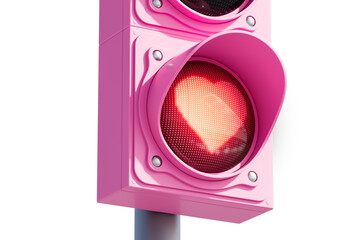 Pink traffic light with a glowing red heart symbol in the lens, modern design, isolated on a white background. Concept of love and care. 3D Rendering.