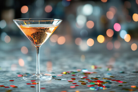 A New Year's Eve banner with sparkling wine, confetti and space for text 