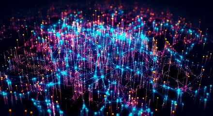 Obraz premium A visual of AI neural networks processing data, with colorful interconnected lines and nodes