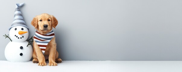 Fototapeta premium A cheerful puppy in a striped scarf sits beside a friendly snowman, embodying the festive winter spirit against a minimalist gray backdrop.