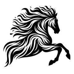 Stylized black horse illustration with flowing mane.