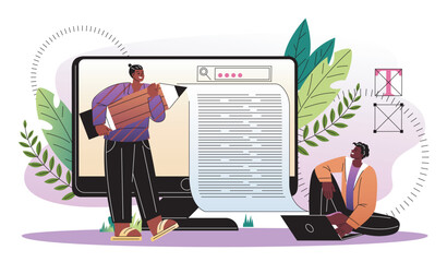 Team of copywriters. Two men writes article for website. Content creators and typewriters. Freelancers working on common project. Flat vector illustration