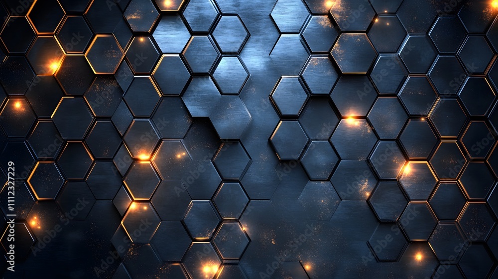 Poster illuminated hexagonal metal grid pattern background
