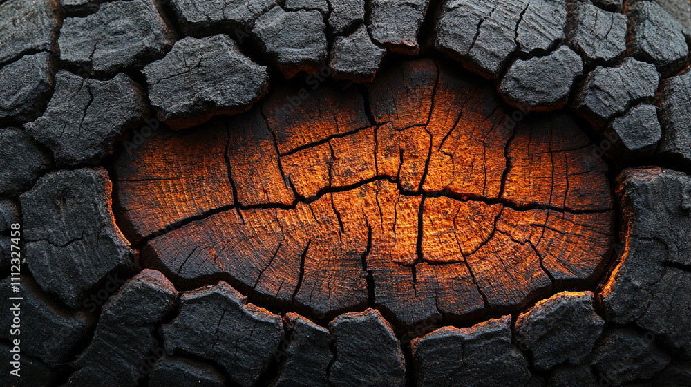 Poster unique close-up view of a cracked tire tread illuminated by an orange glow showing texture and detai