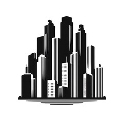 Black and white city skyline illustration.