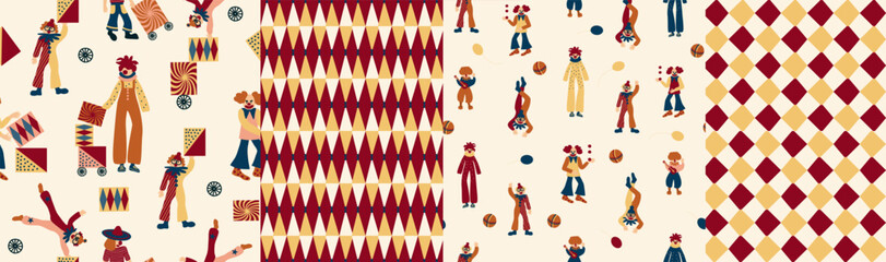 Set of seamless pattern. Colorful circus background, funny clowns, jugglers, acrobats, cheerful carnival