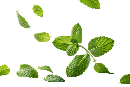 Mint leaves flying on white background.AI GENERATED