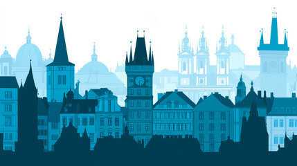 Stunning Prague city skyline with silhouette of iconic cathedral landmarks, showcasing the beauty of Czech architecture against a vibrant sky. Ideal for travel, tourism, and European city concepts