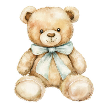 Naklejki Cute teddy bear with a blue bow sitting on a white background