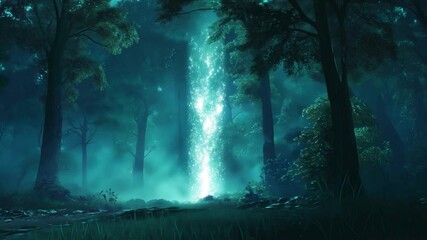 Mysterious forest with a glowing vertical blue light beam, ethereal and magical atmosphere in a tranquil natural setting, serene woodland illuminated by soft luminescent glow - Powered by Adobe