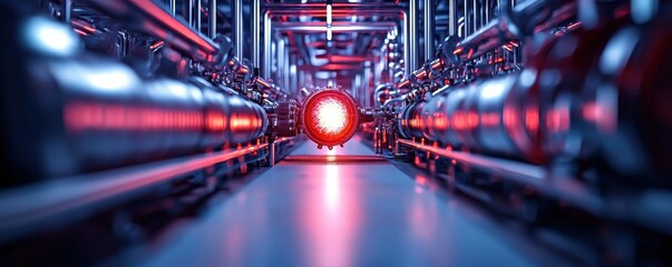 A futuristic industrial scene featuring pipes and machinery illuminated by vibrant red light, creating a high-tech ambiance.