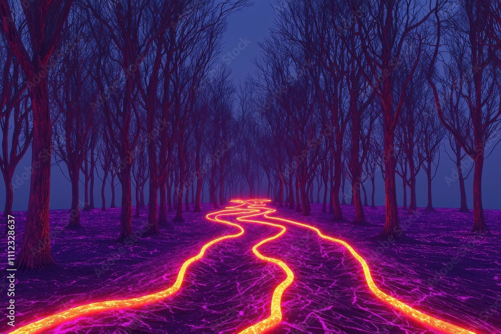 Poster a surreal landscape featuring glowing lava flowing through a dark forest, creating a striking contra