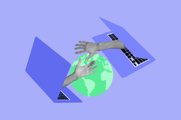 Composite photo collage of hands reach together peek laptop screen distance relationships globe map lovers isolated on painted background