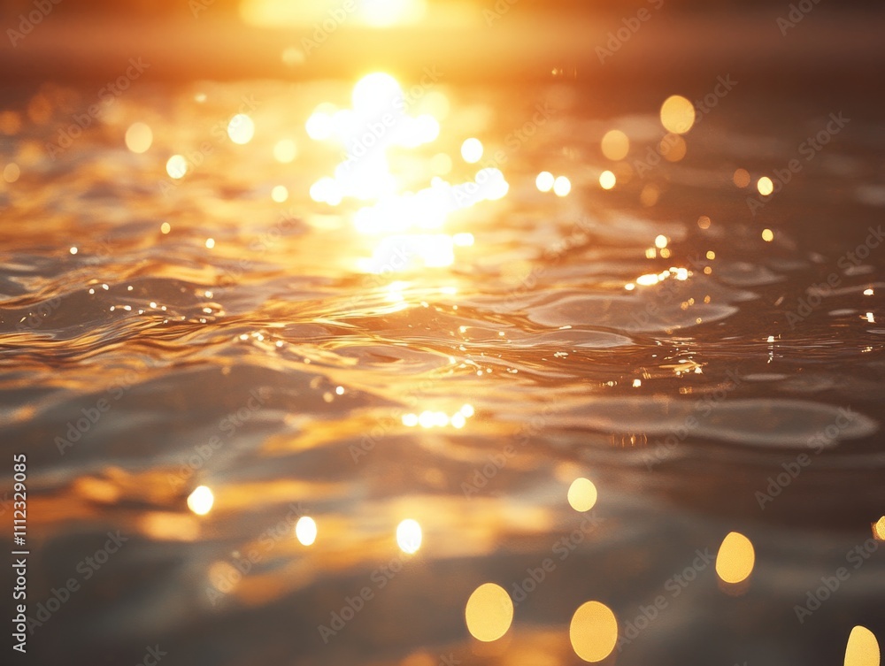 Poster Sunlight reflects off golden ripples on the water, creating a peaceful atmosphere with dynamic patterns and ample space for text on the right side