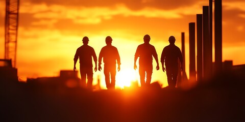 Fototapeta premium Silhouetted Construction Workers at Sunset