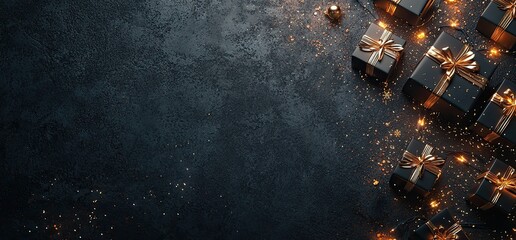 Christmas background with black and gold gift boxes on a dark grey background. New year concept banner design with copy space