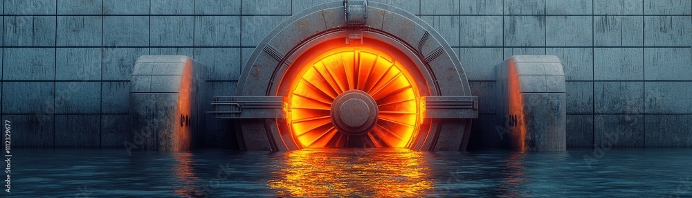 Poster peak energy forecast concept. a glowing circular structure emerges from water, surrounded by a concr