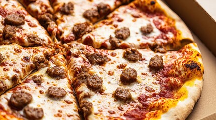 Delicious pizza with cheese and sausage in a cardboard box.