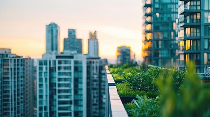 Fototapeta premium Modern skyscrapers with greenery on rooftop at sunset.