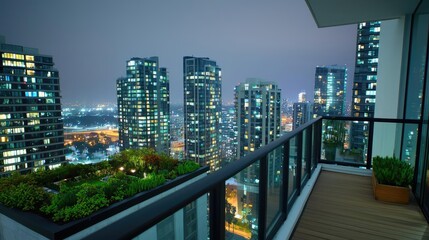 Modern city skyline at night viewed from a balcony with urban lighting.