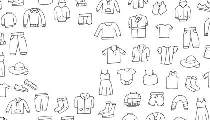 frame. an empty frame with different clothes. a cap. sweater. warm clothes for winter. scarf. gloves. T-shirt. shorts. socks. sneakers. put on clothes. doodle style. vector. a set of clothes.