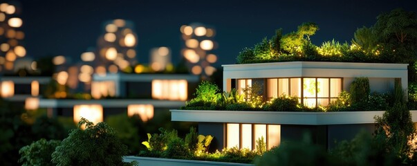Fototapeta premium Modern houses with greenery on rooftops, illuminated at night.