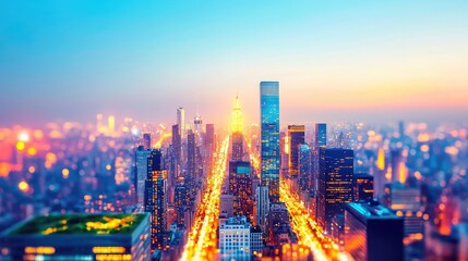 Obraz premium Aerial view of a vibrant city skyline at sunset, showcasing urban architecture.