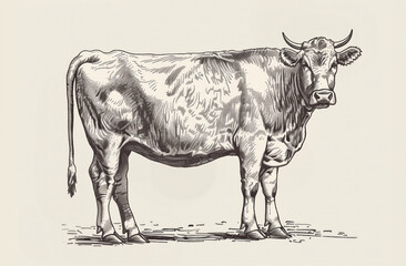 Cow, bull, farm. Vintage retro print, black white cow sketch ink pencil style drawing, engrave old school. Sketch artwork silhouette farm cow, white background. Side view profile. Illustration