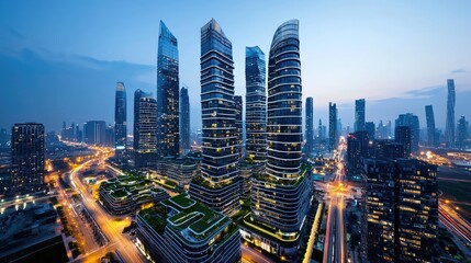 Modern skyscrapers illuminated at dusk in a vibrant urban landscape.